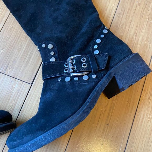 SAM EDELMAN STUDDED BLACK SUEDE LEATHER TALL BOOTS - Picture 2 of 7
